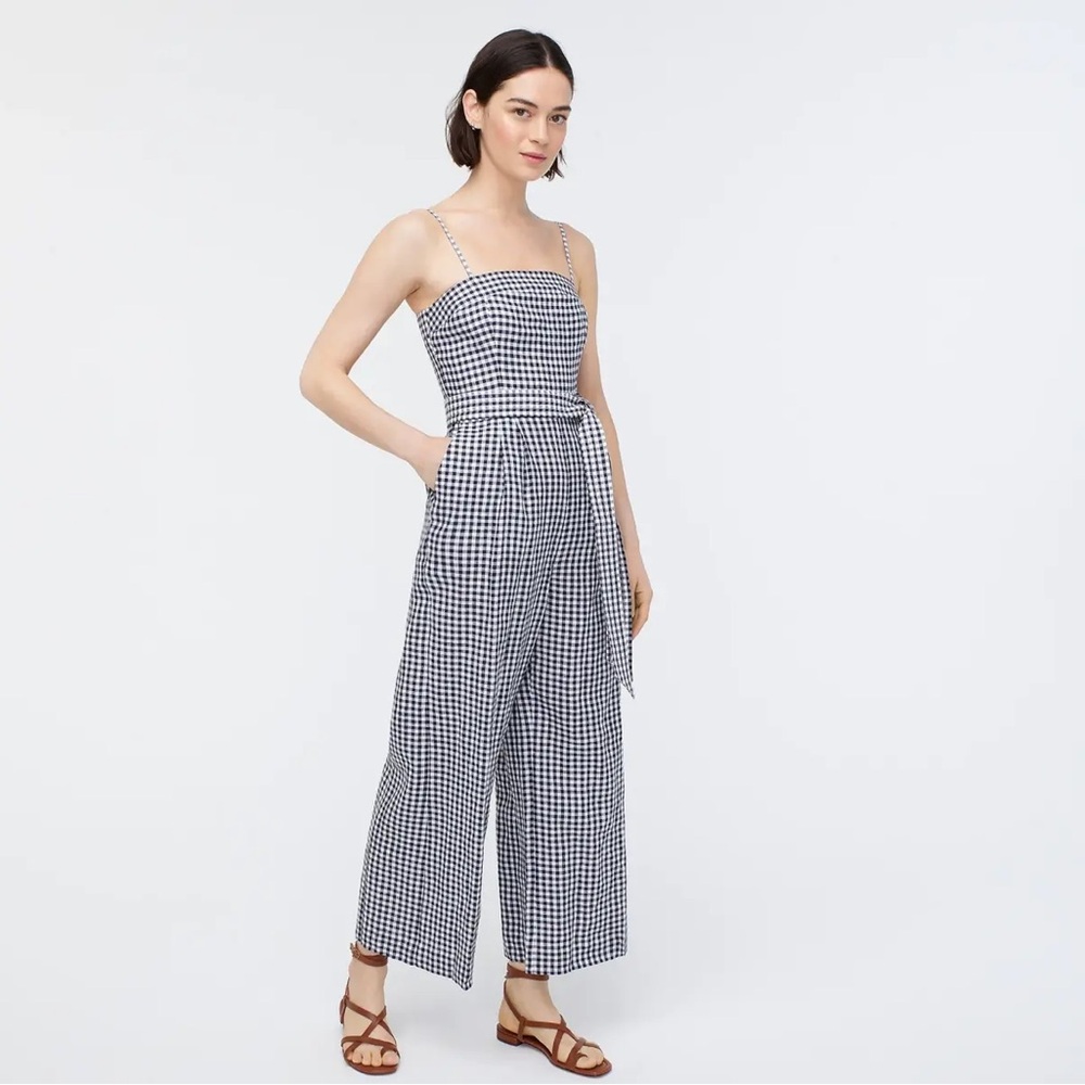 J.Crew Tie-waist linen jumpsuit in gingham Navy White